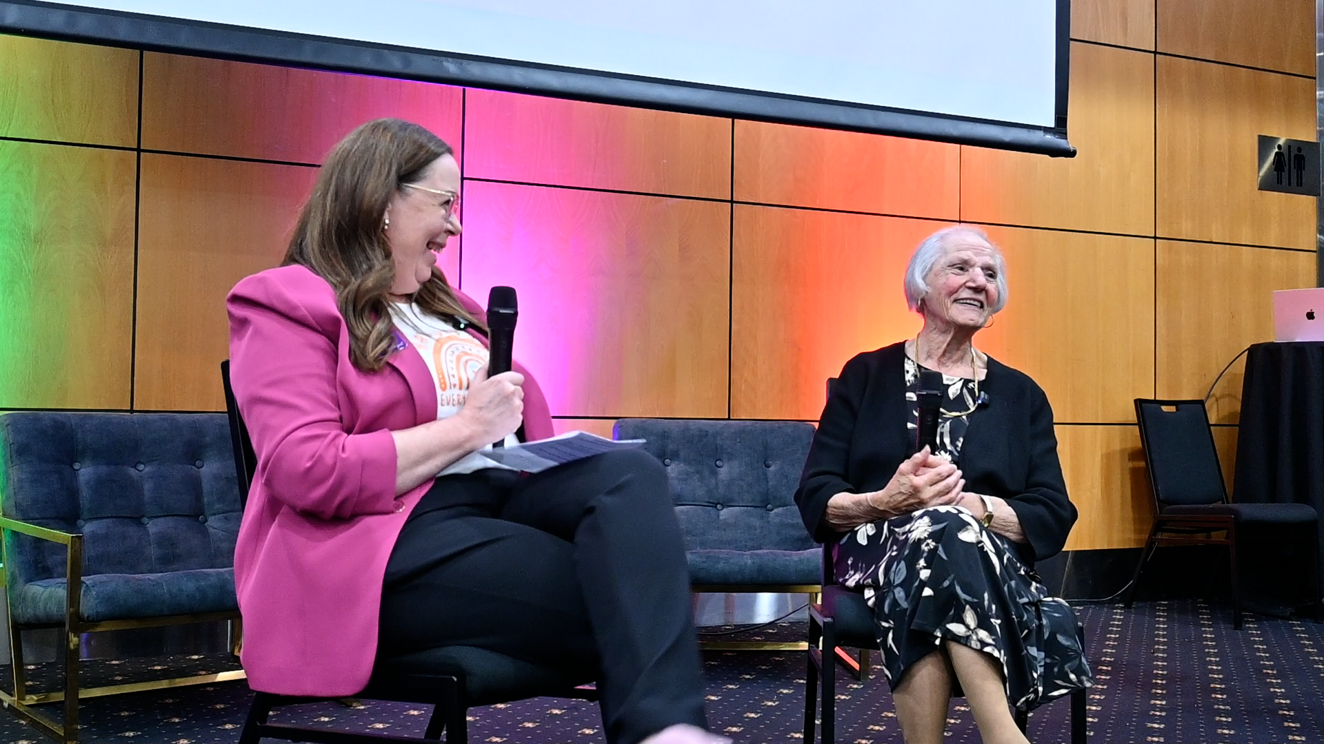 Warrigal Executive Natalie Molloy and Warrigal Hughes Resident Mary Cachia having a conversation